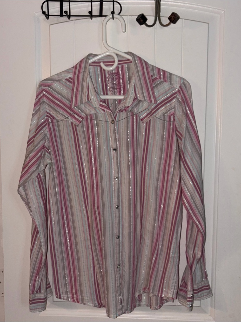 Women’s Striped Button-Down Shirt in Pink and Gray